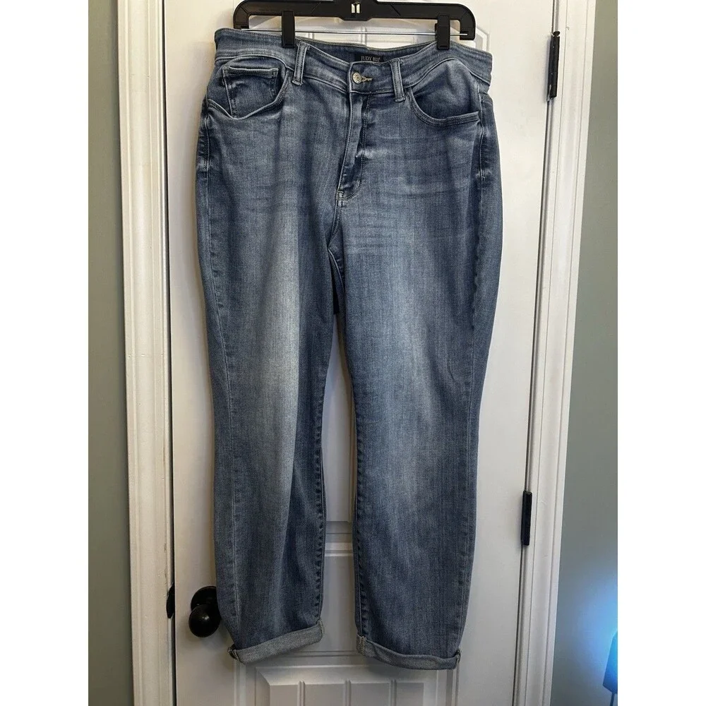 Judy Blue Boyfriend Jeans 14W Plus Mid Wash Cuffed Stretch Denim Casual Comfort